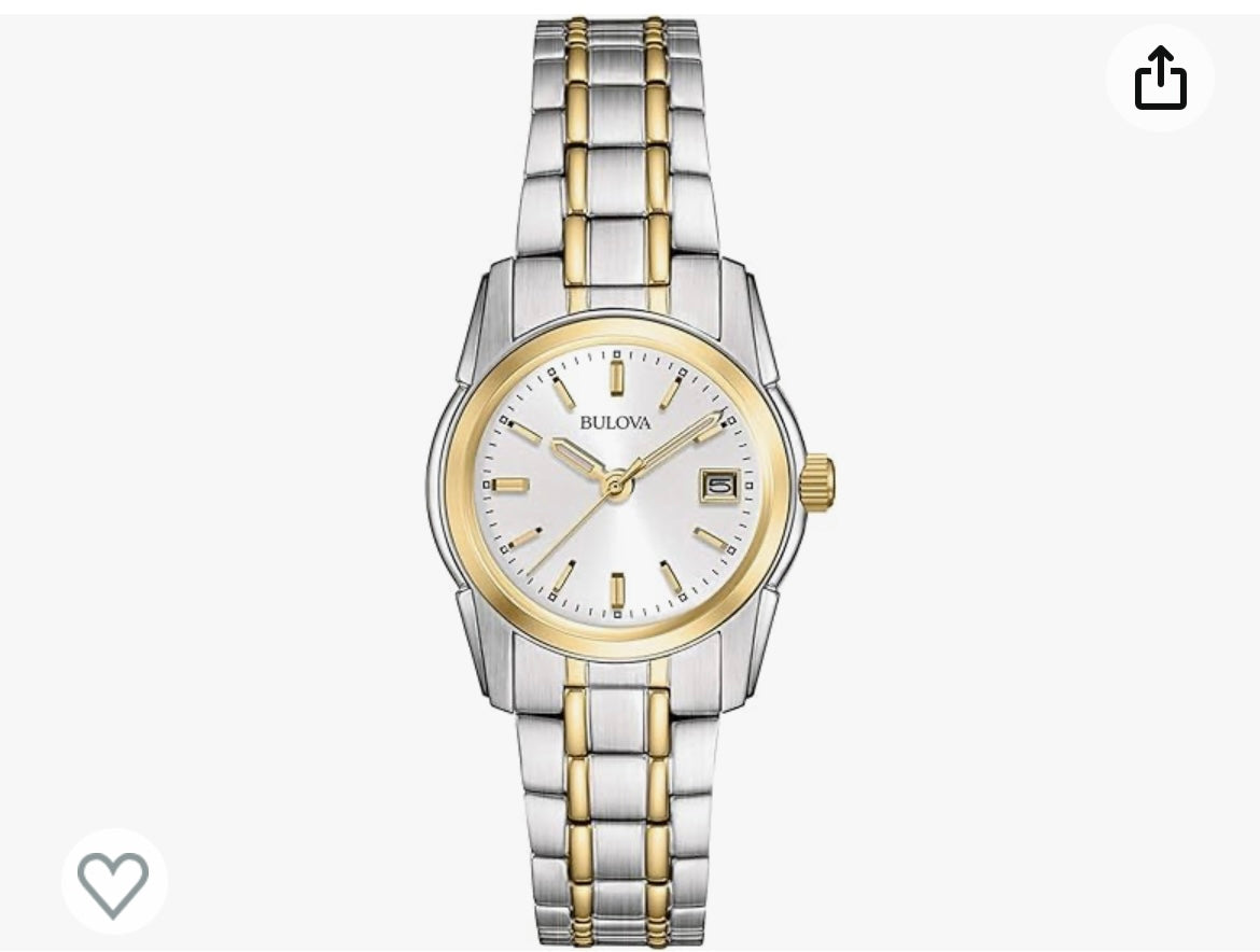 B13) Bulova Ladies' Classic Two-Tone Stainless Steel 3-Hand Calendar Date Quartz Watch, Silver-White Dial (Style: 98M105)