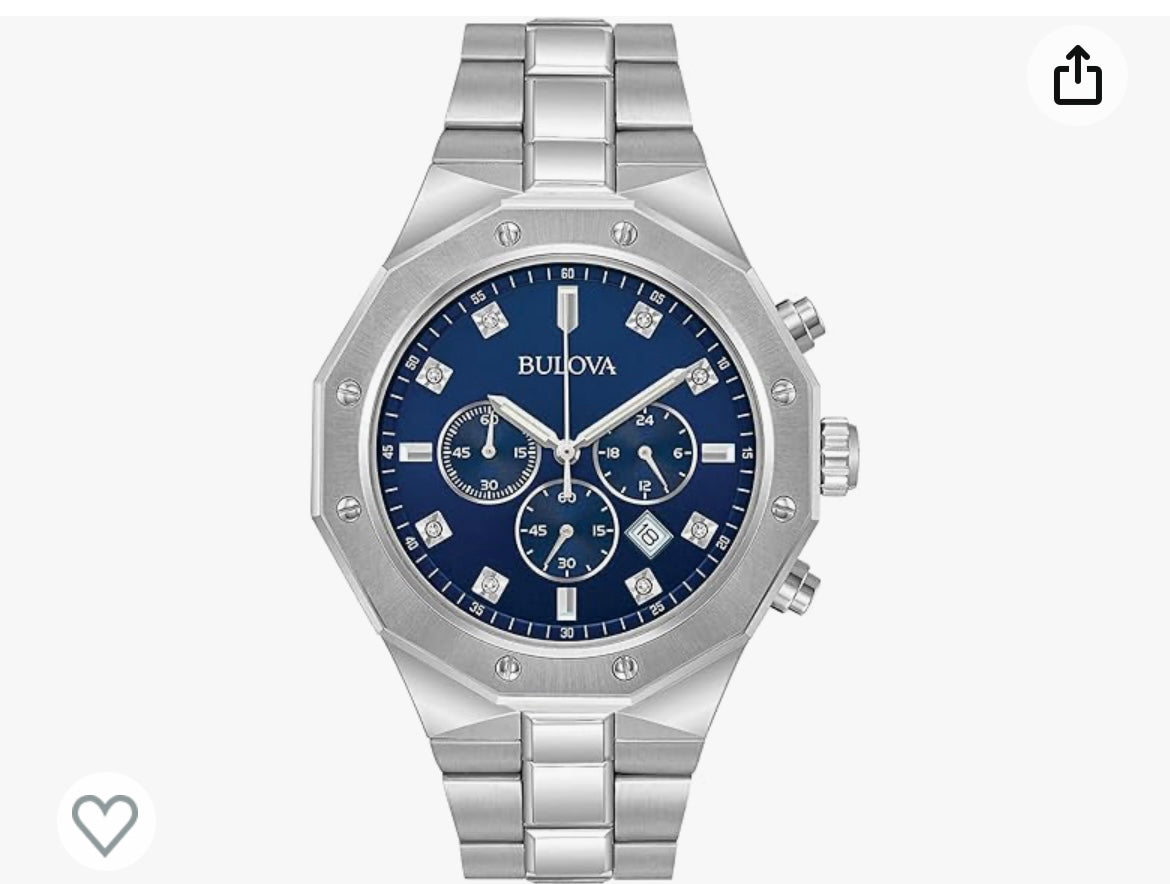 B22) Bulova Men's Classic Diamond 6-Hand Chronograph Quartz Watch, Calendar Date, Luminous Markers, 100M Water Resistant, 44mm