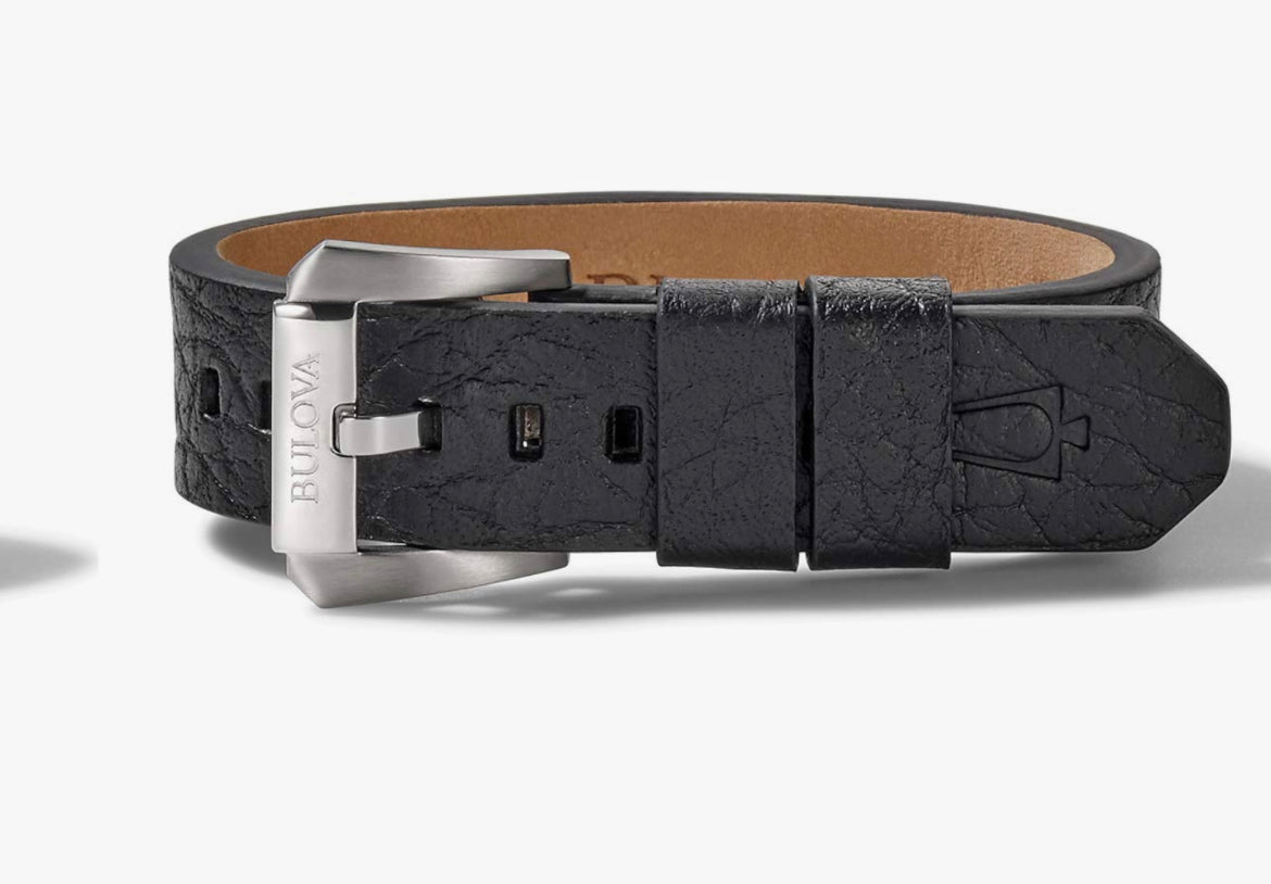 B48) Bulova Jewelry Mens Precisionist Black Leather Belt-Strap Bracelet
