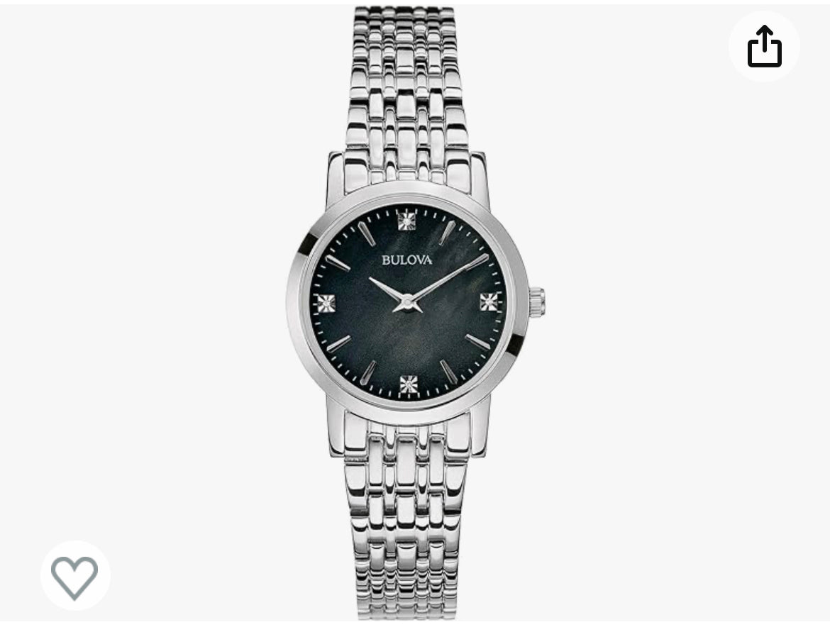B12) Bulova Ladies' Classic Stainless Steel 2-Hand Quartz Watch, Black Mother-of-Pearl Dial with Diamond Dial Style: 96P148