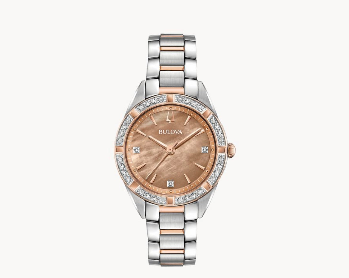 B5) Bulova Classic Sutton Diamonds Steel Bronze MOP Dial Quartz Ladies Watch 98R264