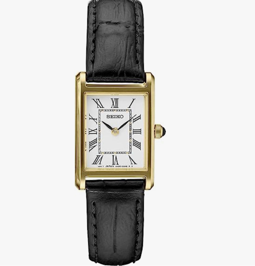S12) SEIKO Essentials Watch for Women - Essentials - Water Resistant with Stainless Steel Rectangular Case and Leather Strap