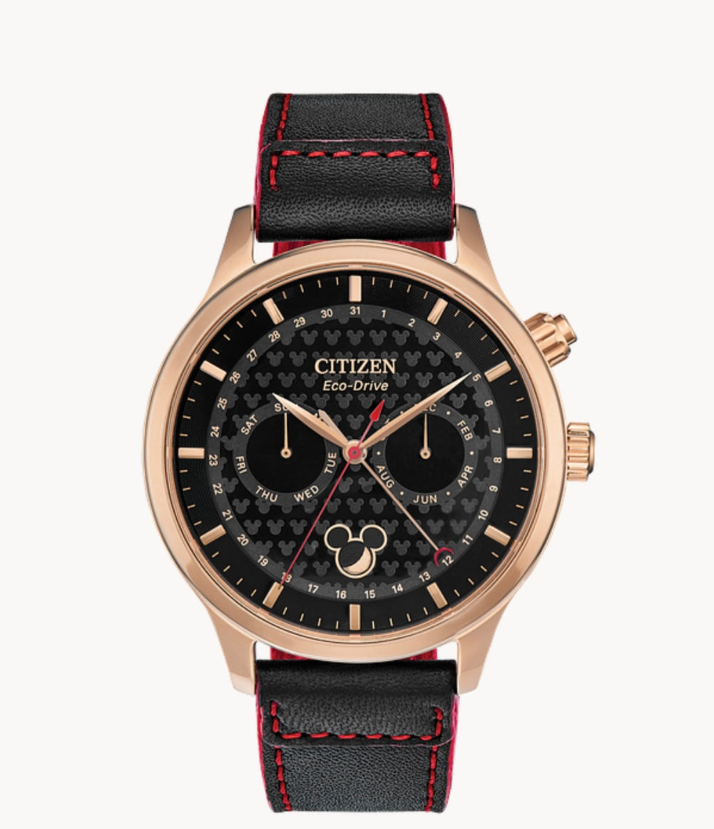 C49) Mickey Mouse Eco Drive Watch by Citizen Black with Red Stitching