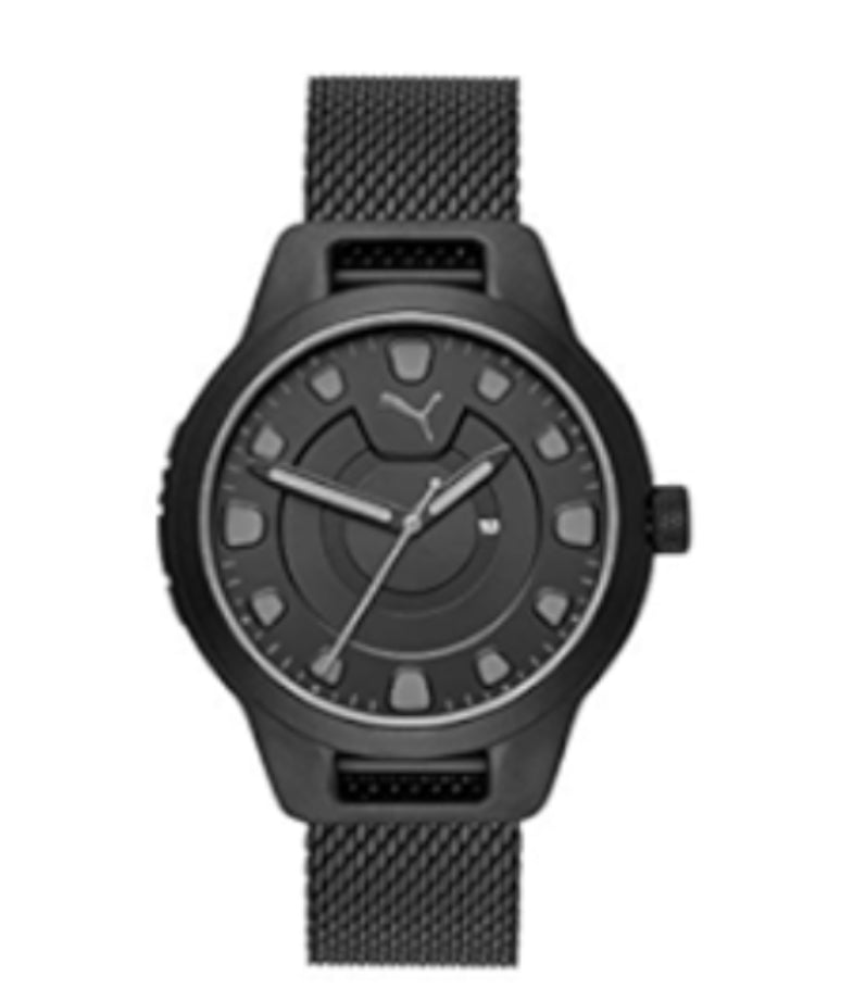 PUMA Men's Reset Three-Hand Date Black Stainless Steel Watch
