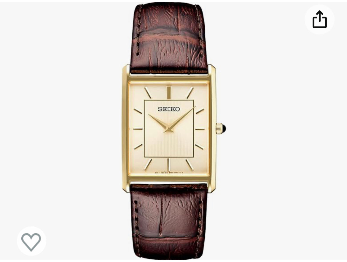 S11) SEIKO Essentials Watch for Men - Essentials - Water Resistant with Stainless Steel Rectangular Case and Leather Strap