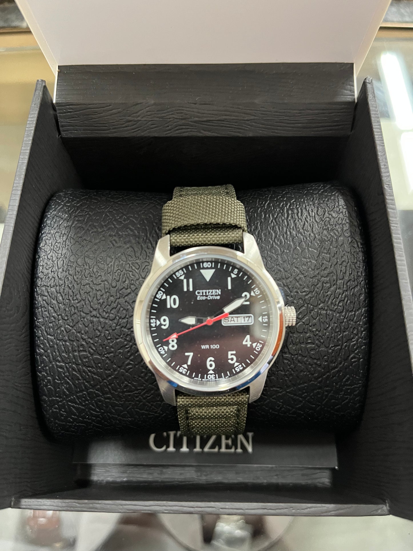 C34) Citizen Men's Sport Casual Garrison 3-Hand Day/Date Eco-Drive Nylon Strap Watch, 100 Meters Water Resistant