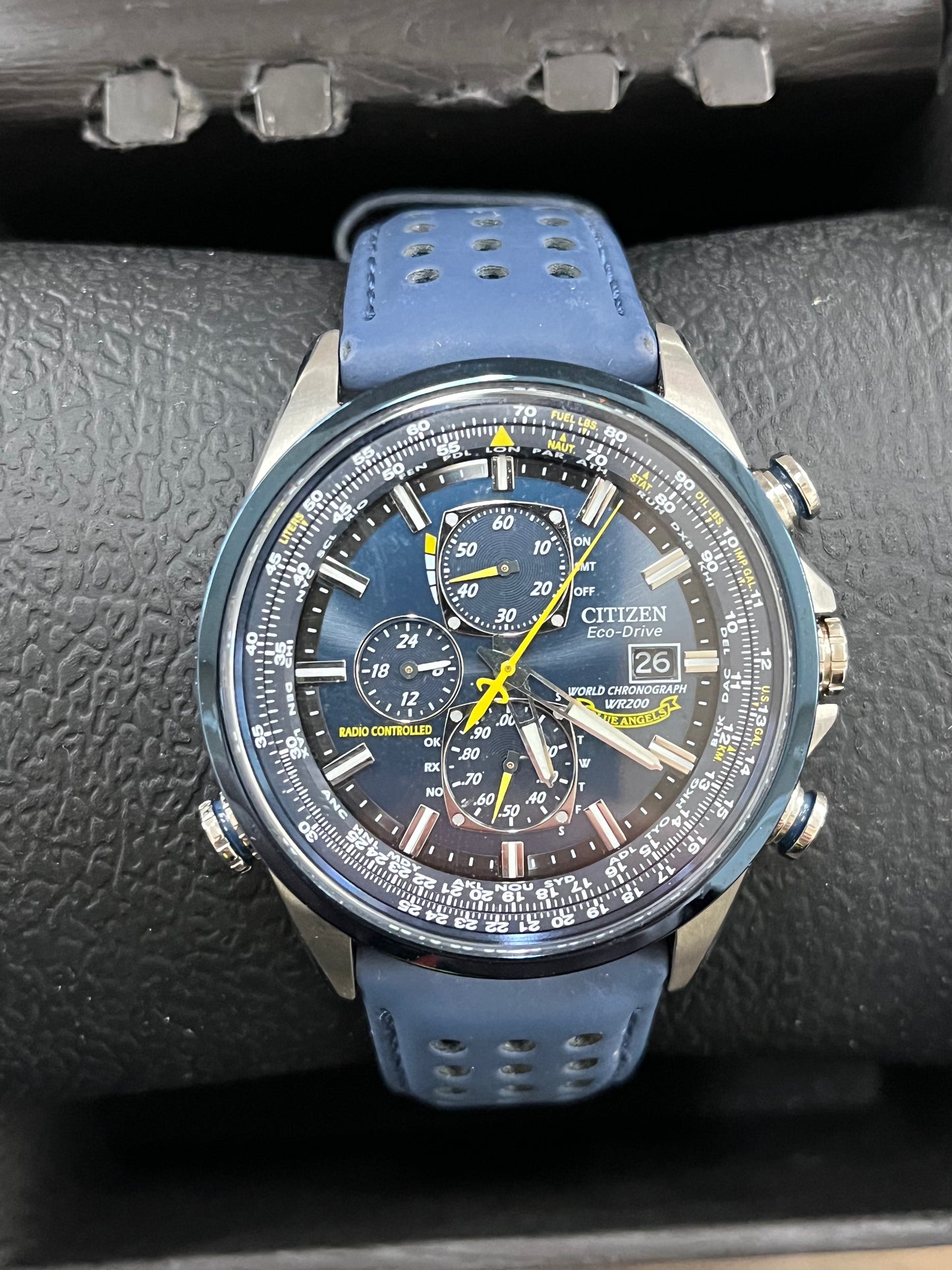 C30) Citizen Men's Eco-Drive Sport Luxury World Chronograph Atomic Time Keeping Watch in Stainless Steel with Blue Polyurethane strap, Blue Dial