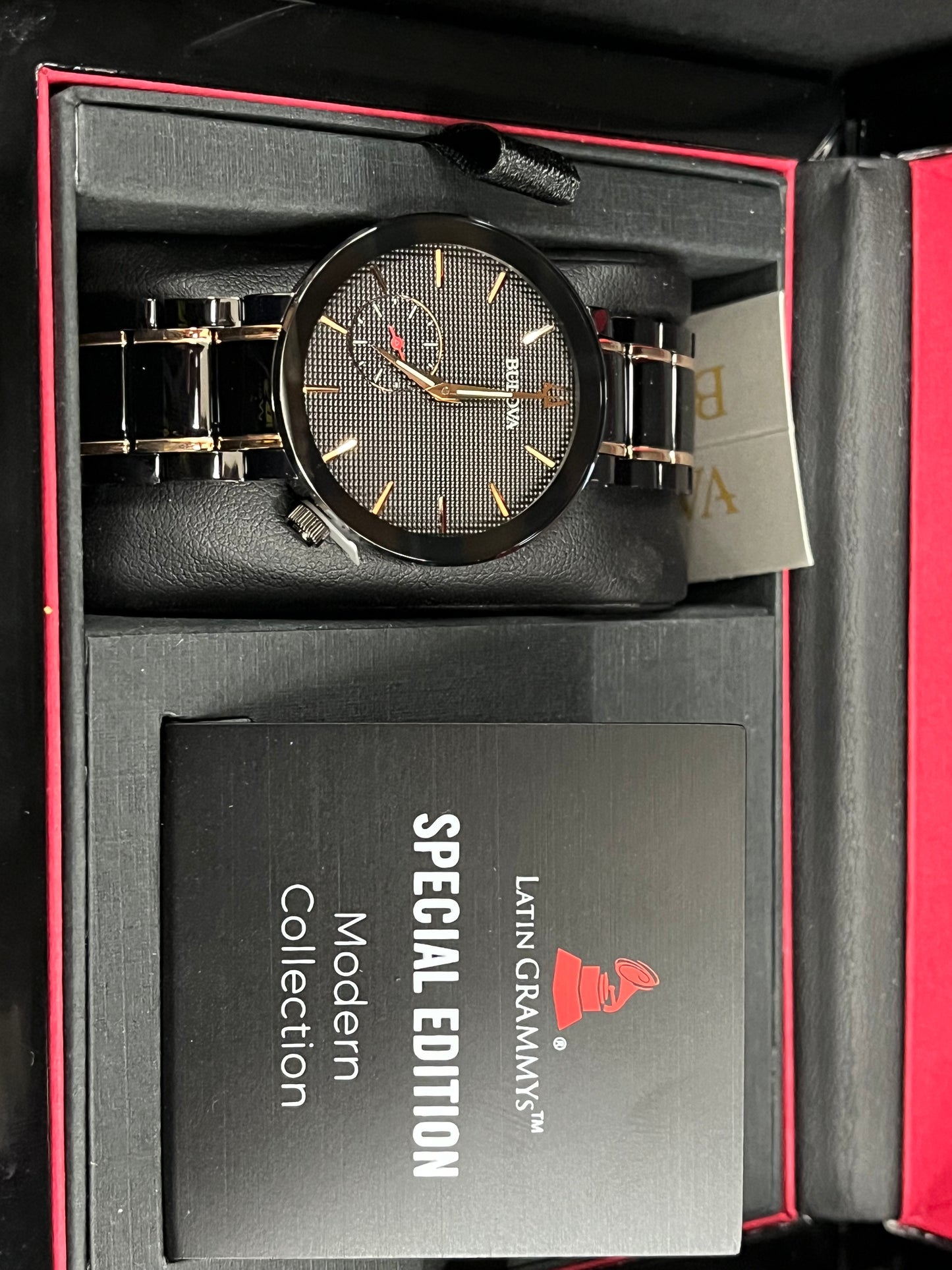 B16) Bulova Ladies' Latin GRAMMY Black Ion-Plated and Rose Gold with Sub Sweep Second Hand Quartz Watch, Sapphire Crystal Style: 98L240
