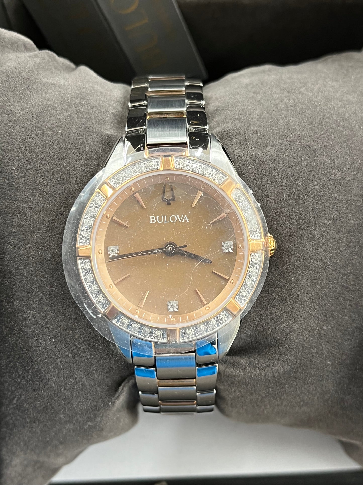 B5) Bulova Classic Sutton Diamonds Steel Bronze MOP Dial Quartz Ladies Watch 98R264