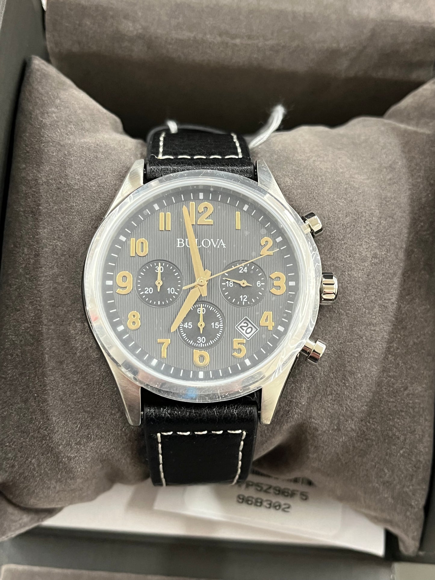 B26) Bulova Men's Classic Stainless Steel 6-Hand Chronograph Quartz Leather Strap Watch with Grey Dial, Gold Accents, Arabic Markers, 41mm