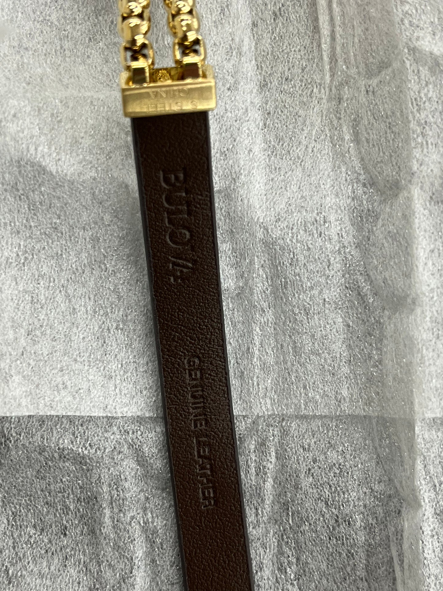 B50) Bulova Jewelry Men's Classic Double Wrap Leather and Box Chain Bracelet