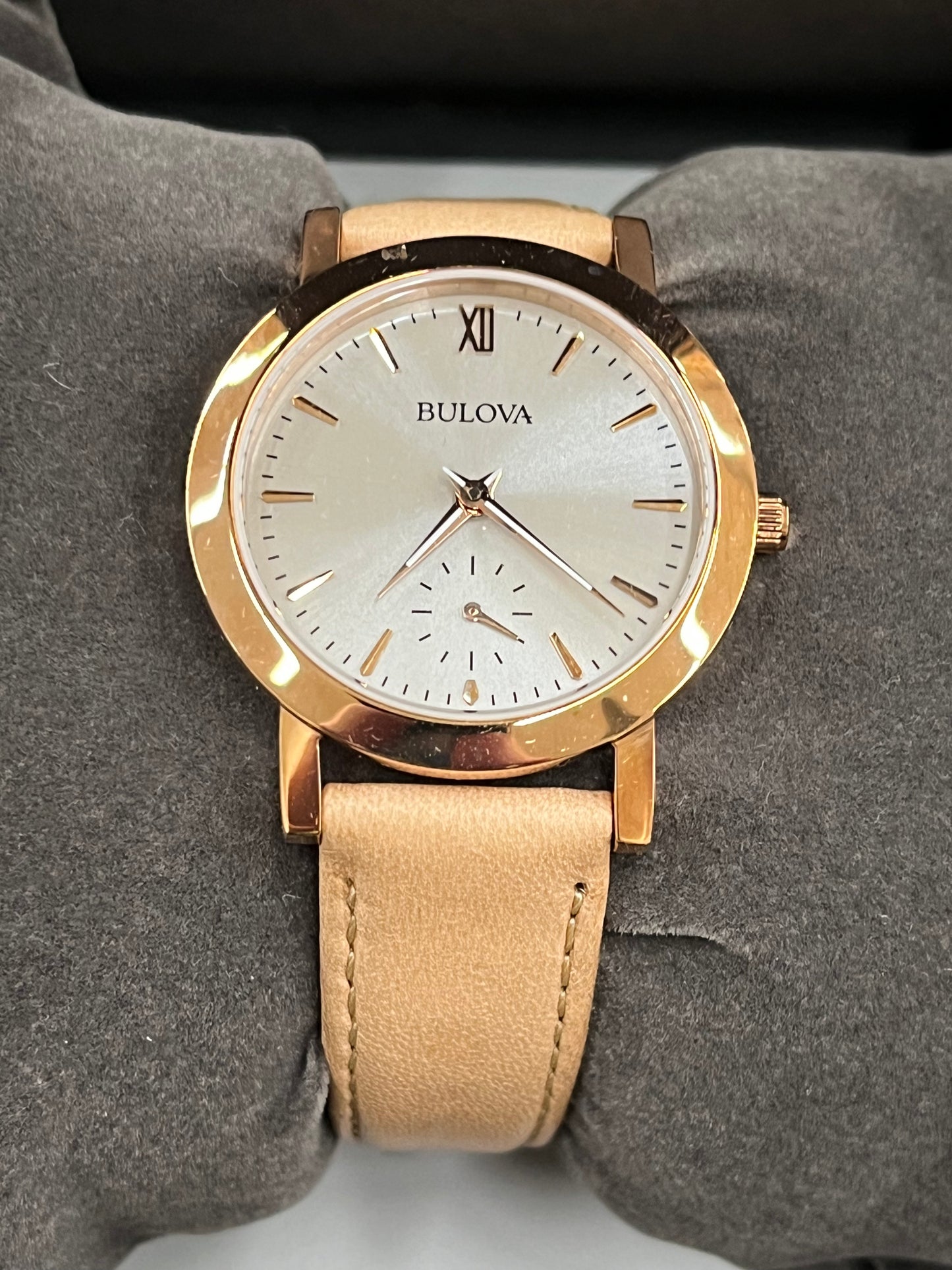 B44) Ladies' Bulova Classic Rose-Tone Strap Watch with White Dial (Model: 97L146)