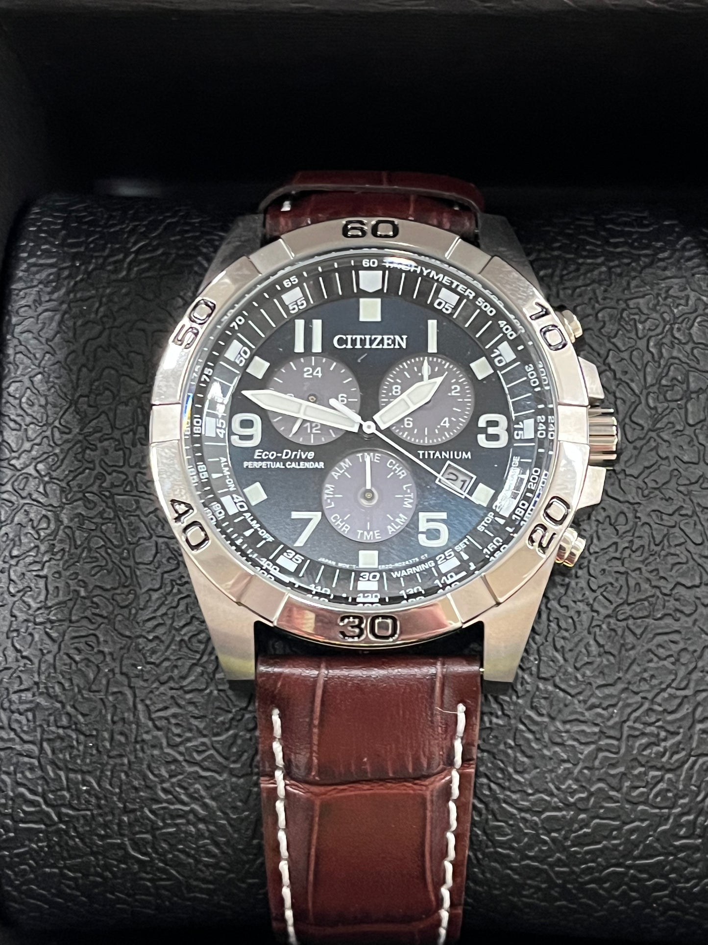 C4) Citizen Eco-Drive Brycen Chronograph Mens Watch, Super Titanium with Leather strap, Weekender, Brown (Model: BL5551-06L)