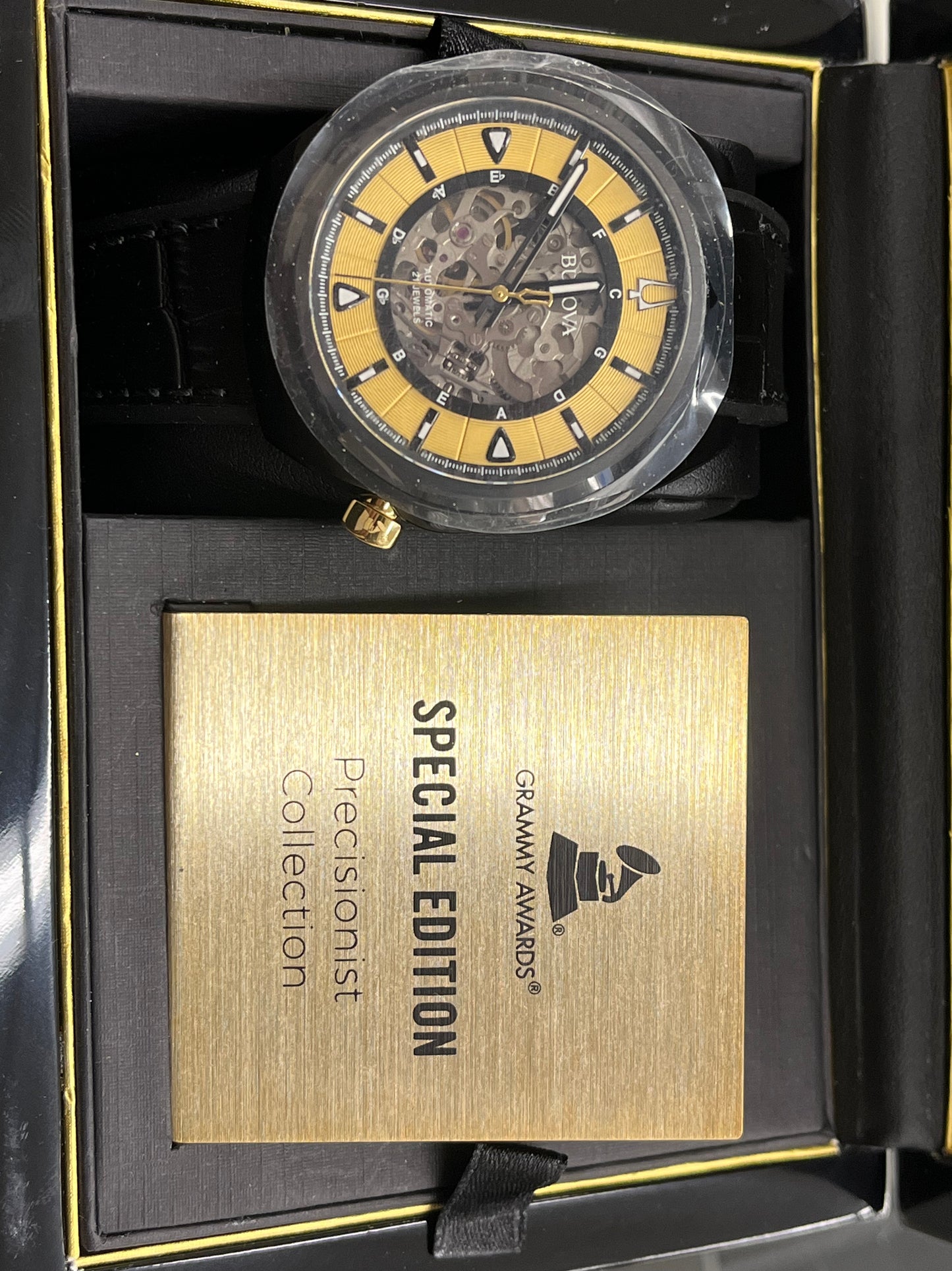 B8) Bulova Grammy Automatic Mens Stainless Steel with Black Leather & FKM Rubber Strap, Black (Model: 98A241)