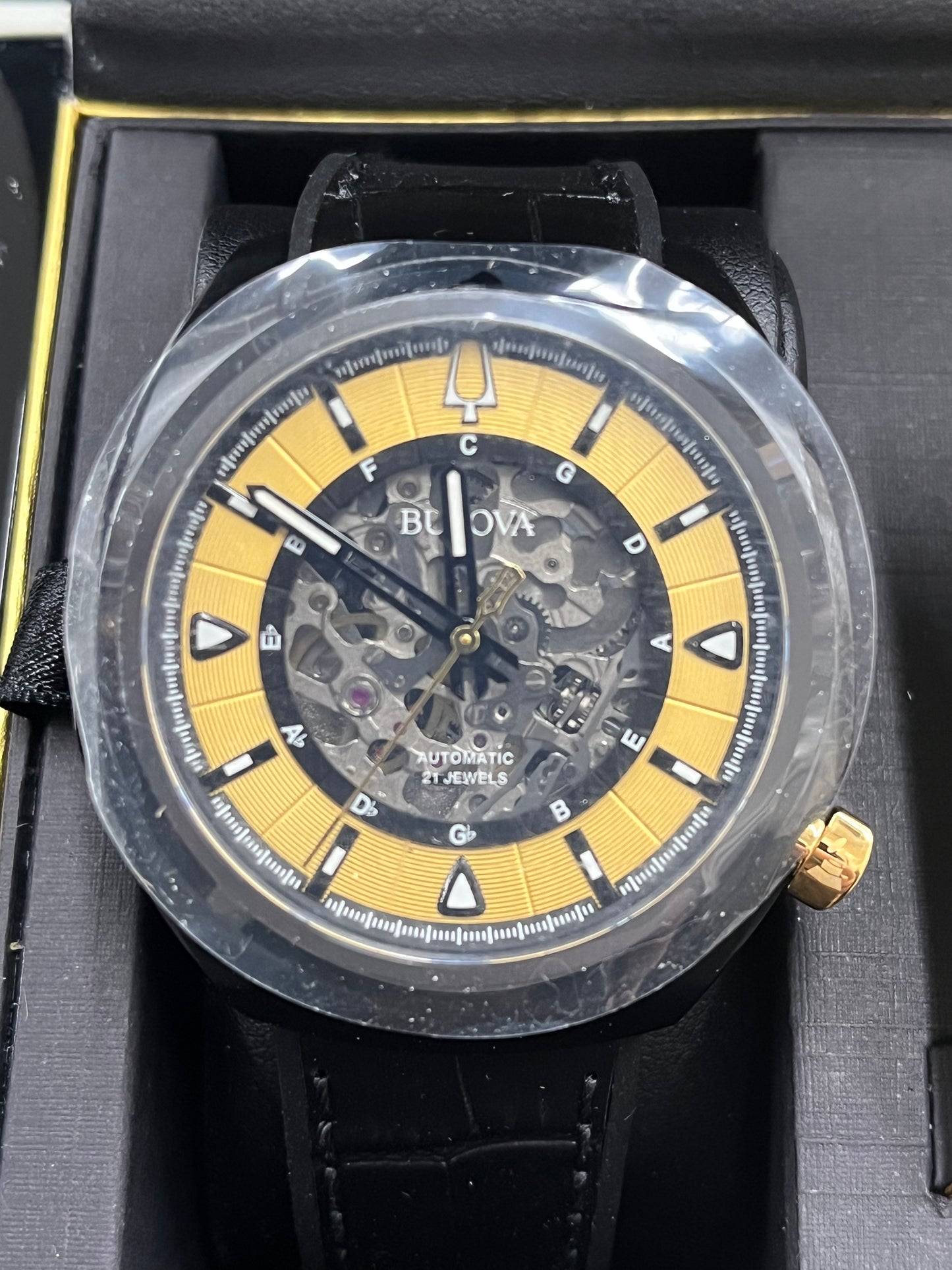 B8) Bulova Grammy Automatic Mens Stainless Steel with Black Leather & FKM Rubber Strap, Black (Model: 98A241)