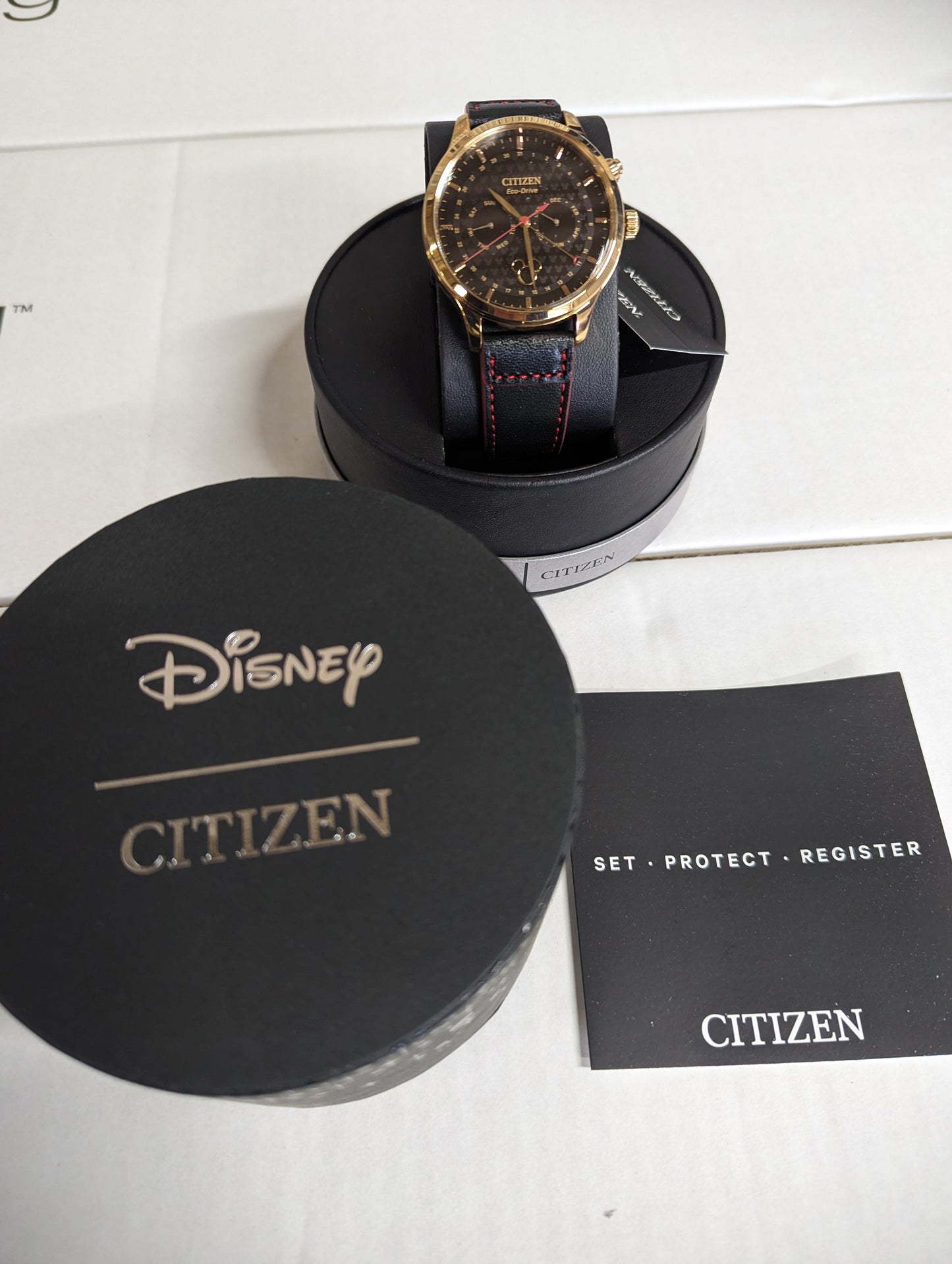 C49) Mickey Mouse Eco Drive Watch by Citizen Black with Red Stitching