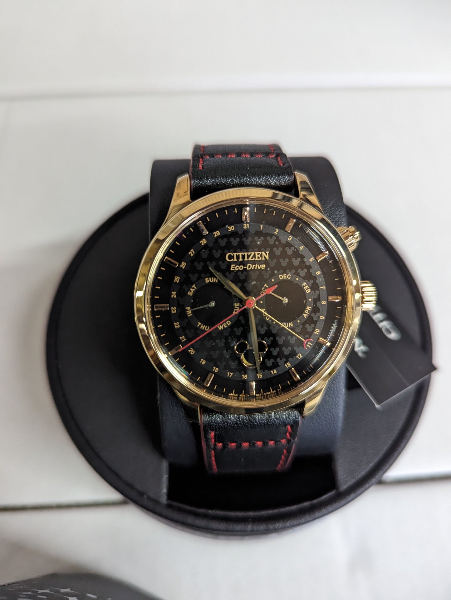 C49) Mickey Mouse Eco Drive Watch by Citizen Black with Red Stitching