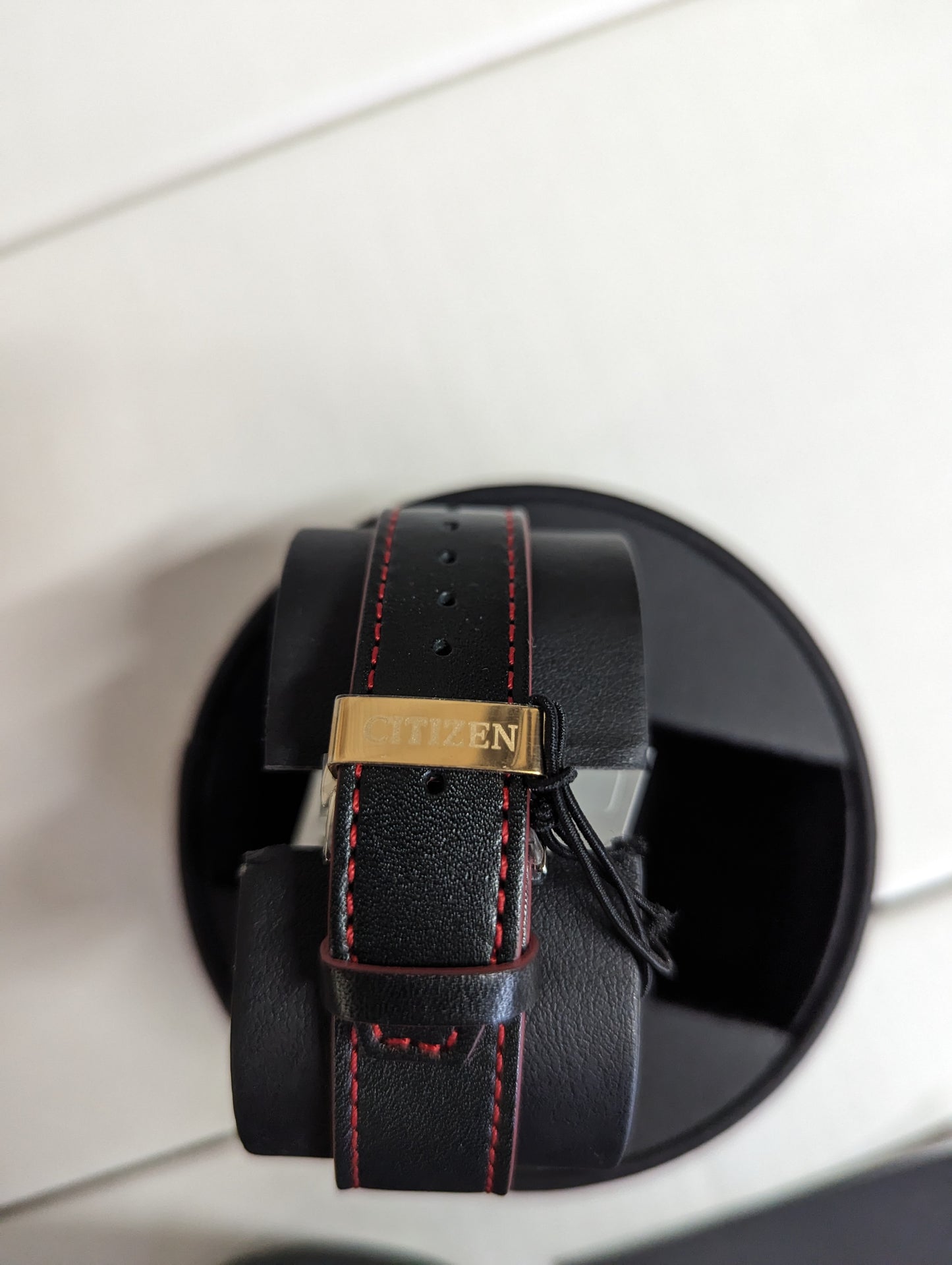 C49) Mickey Mouse Eco Drive Watch by Citizen Black with Red Stitching