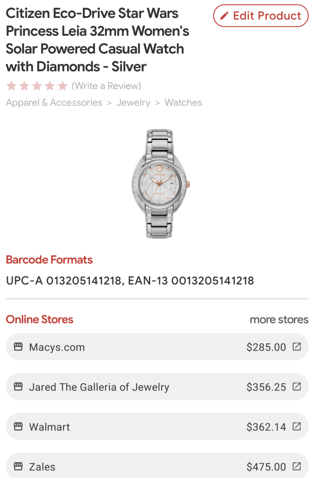 C10) Citizen Eco-Drive Star Wars Prncess Leia 32mm Women's Solar Powered Casual Watch with Diamonds - Silver