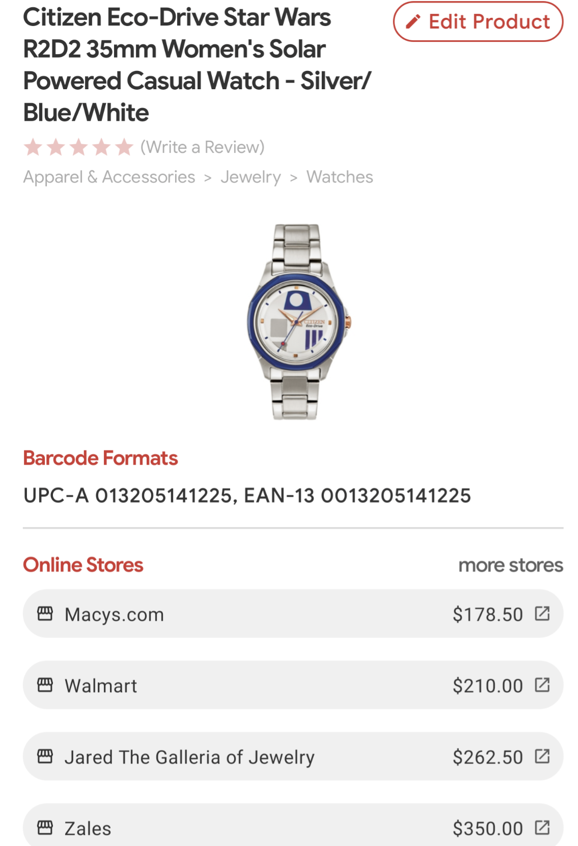 C11) Citizen Eco-Drive Star Wars R2D2 35mm Women's Solar Powered Casual Watch - Silver/Blue/White
