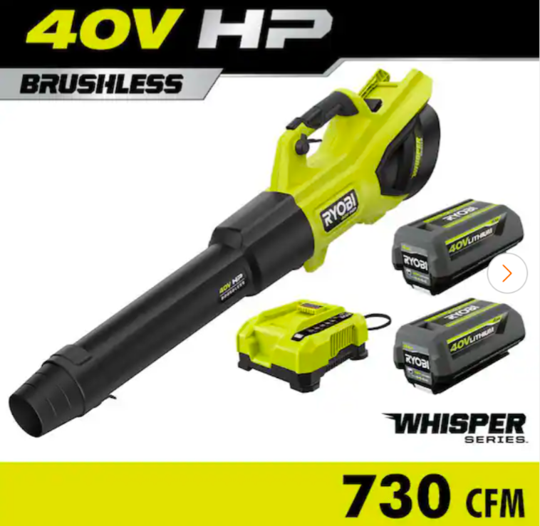 RYOBI 40V HP Brushless Whisper Series 190 MPH 730 CFM Cordless Battery Jet Fan Leaf Blower with (2) 4.0 Ah Batteries & Charger