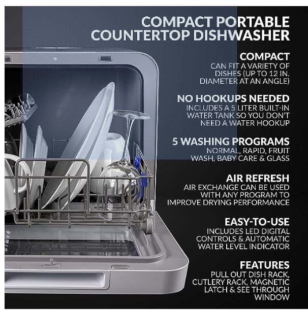 Farberware FDW05ASBWHA Compact Portable Countertop Dishwasher with 5-Liter Built-in Water Tank