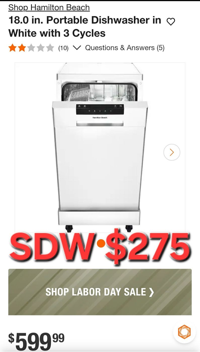Hamilton Beach 18-inch portable dishwasher, $275 at Sheboygan Discount Warehouse