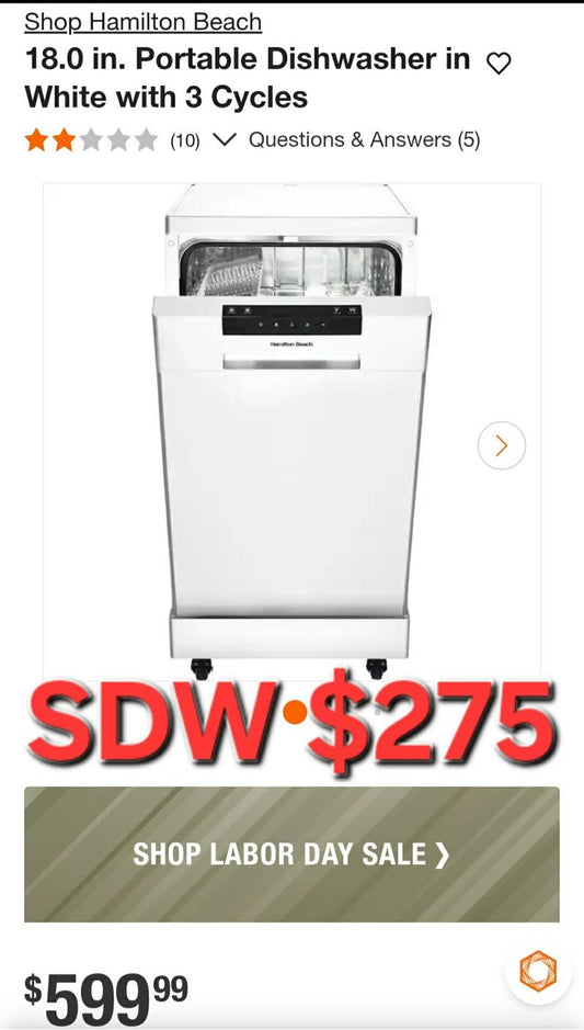 Hamilton Beach 18-inch portable dishwasher, $275 at Sheboygan Discount Warehouse
