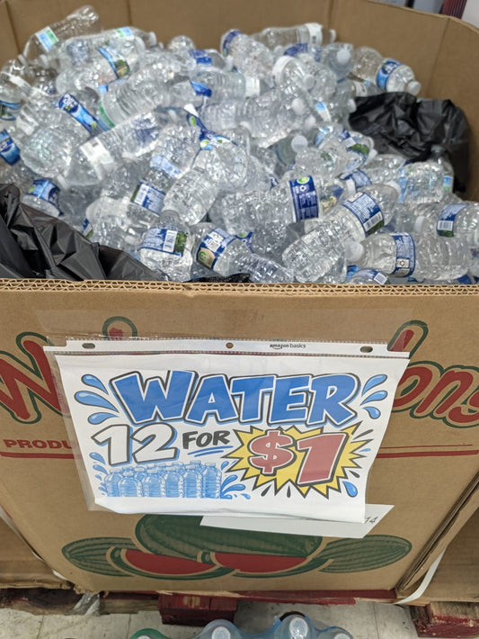 Bottled water, 12 for $1 at Sheboygan Discount Warehouse