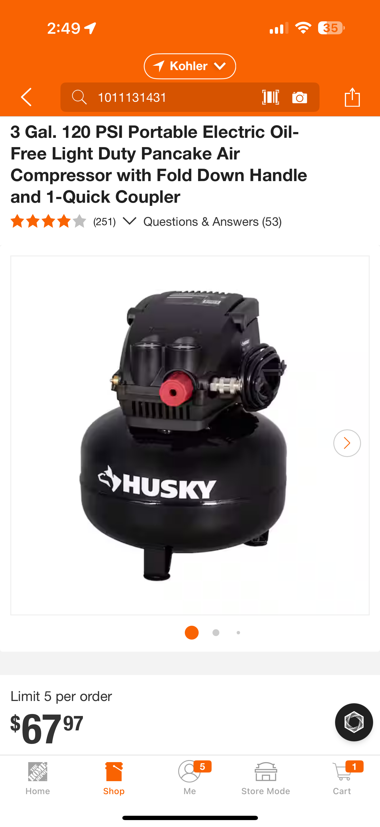 Husky 3 gal pancake compressor