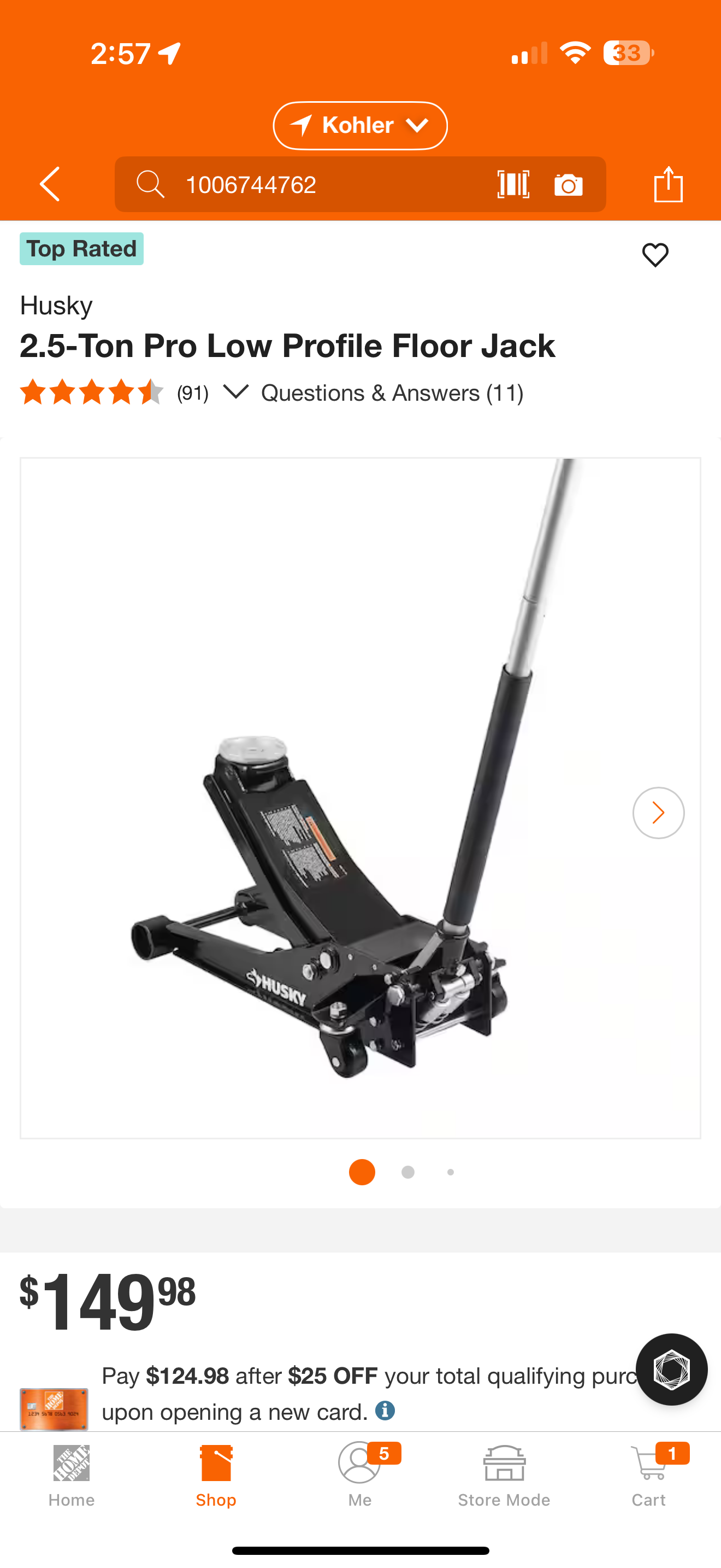 Husky 2.5 ton low pro floor jack