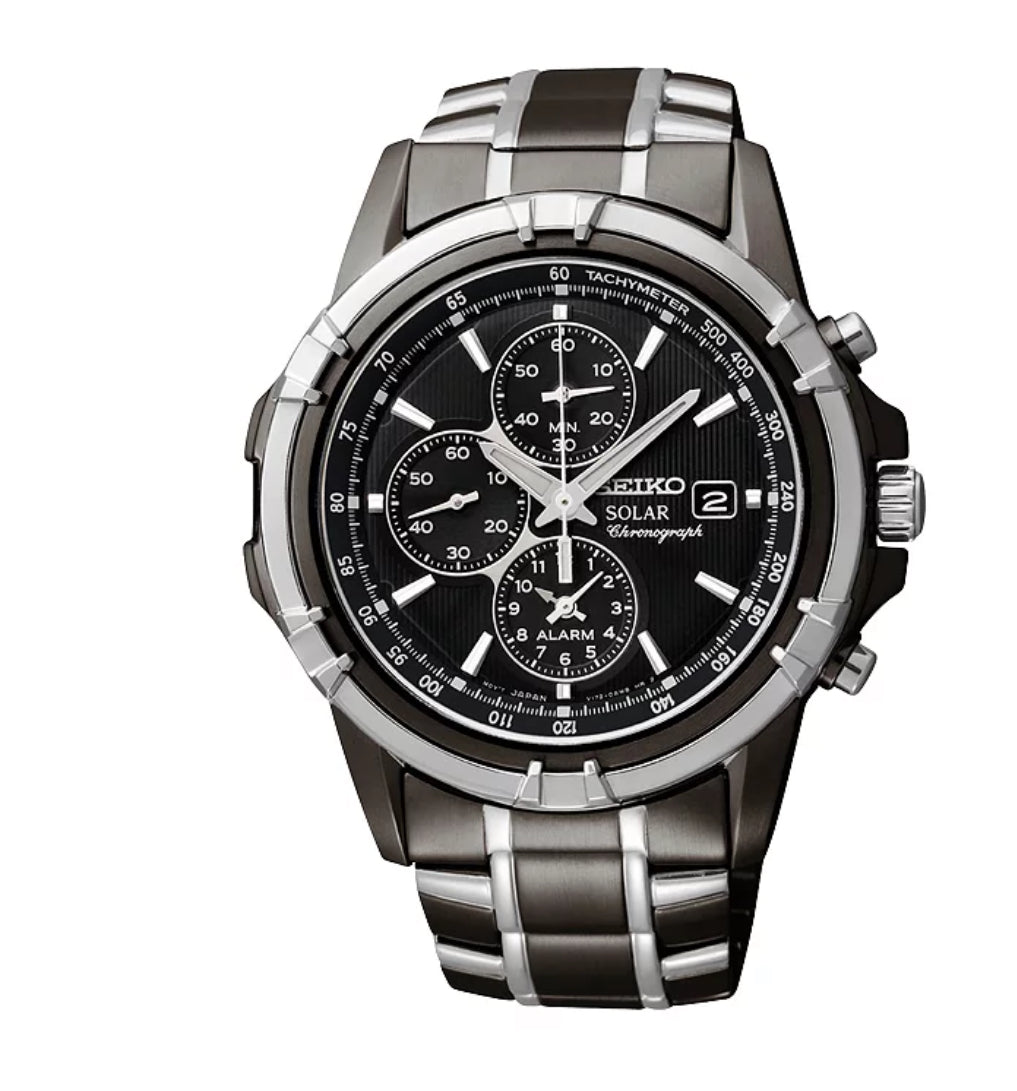 S28) Seiko Men's Two Tone Stainless Steel Solar Chronograph Watch - SSC143