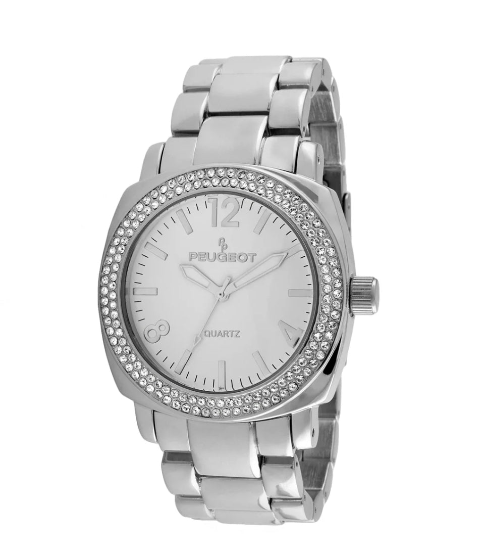 Peugeot Women's Boyfriend Oversized Watch with Swarovski Crystal Studded Bezel and Metal Link Bracelet