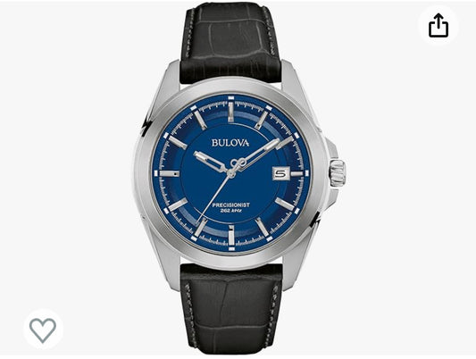Bulova Men's Precisionist 3-Hand Calendar Stainless Steel with Black Leather Strap and Blue Dial Style: 96B257