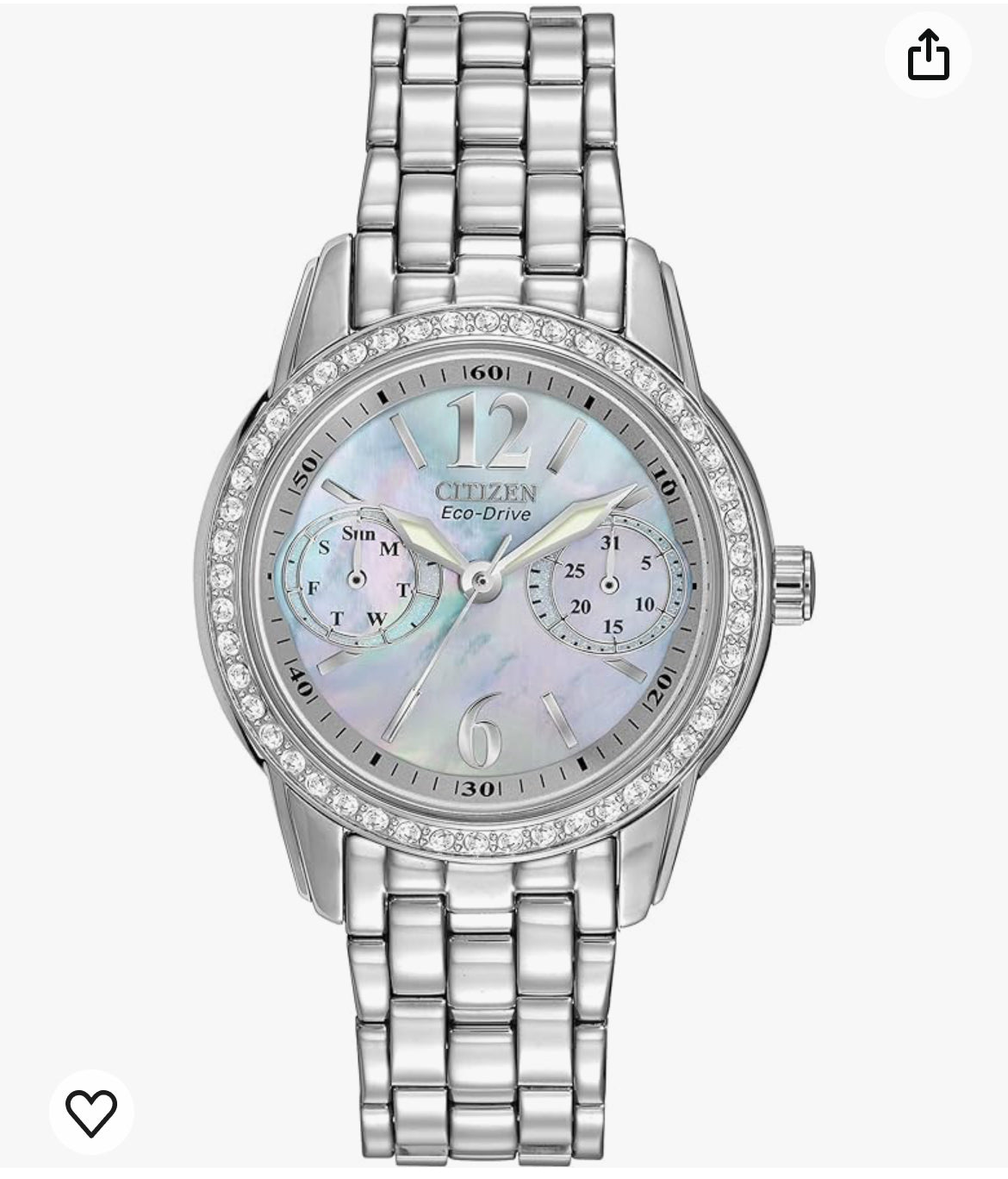 C72) Citizen Women's Eco-Drive Dress Classic Crystal Watch in Stainless Steel, Mother of Pearl Dial, 32mm (Model: FD1030-56Y)