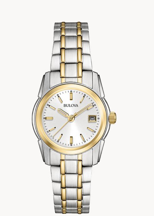 B14) Bulova Ladies' Classic Two-Tone Stainless Steel 3-Hand Calendar Date Quartz Watch, Silver-White Dial (Style: 98M105)