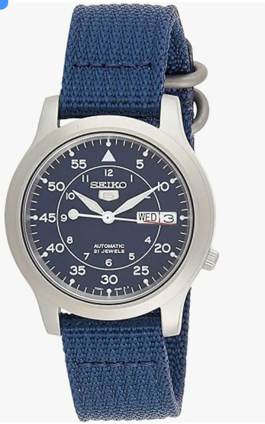 S3) Men's SNK807 SEIKO 5 Automatic Stainless Steel Watch with Blue Canvas Band