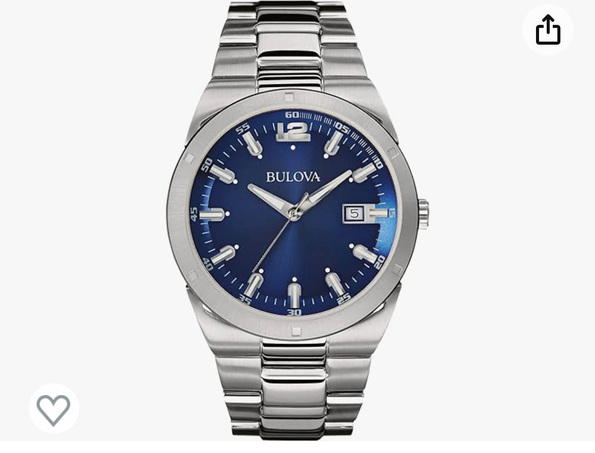 Bulova Men's Classic Stainless Steel 3-Hand Calendar Date Quartz Watch, Blue Dial,43mm Style: 96B220