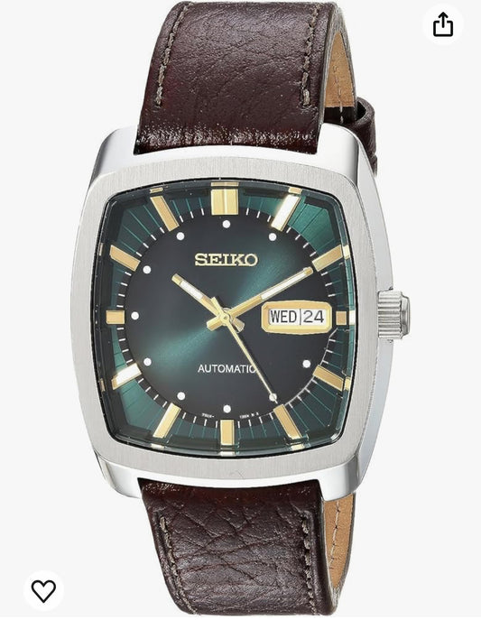 S8) SEIKO Automatic Watch for Men - Recraft Series - Brown Leather Strap, Day/Date Calendar, 50m Water Resistant
