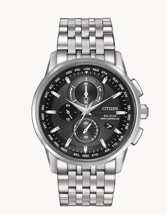 C13) Citizen Eco-Drive World Chronograph A-T Mens Watch, Stainless Steel, Technology, Silver-Tone (Model: AT8110-53E)