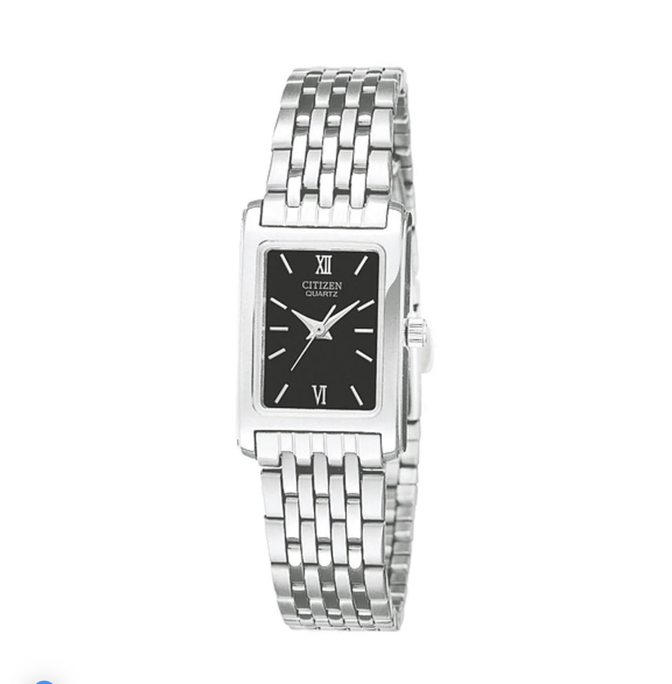 C107) CITIZEN LADIES STAINLESS STEEL SILVER TONE QUARTZ BLACK DIAL WATCH EJ5850-57E