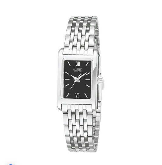 C107) CITIZEN LADIES STAINLESS STEEL SILVER TONE QUARTZ BLACK DIAL WATCH EJ5850-57E