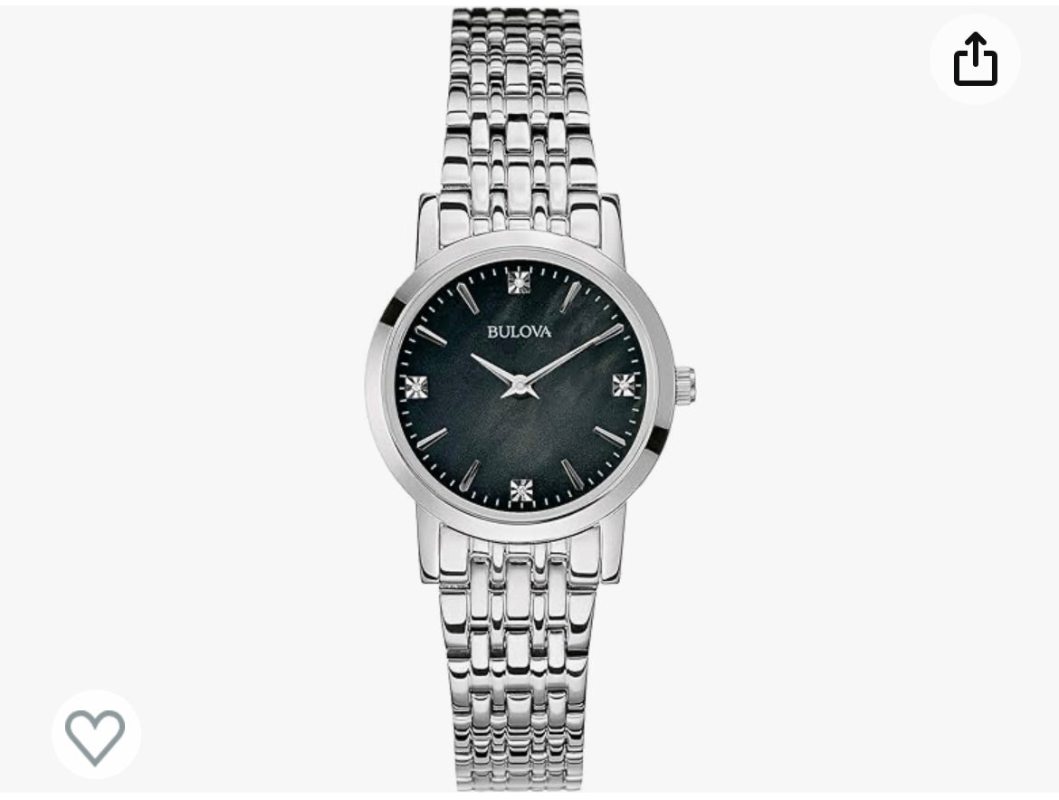 Bulova Ladies' Classic Stainless Steel 2-Hand Quartz Watch, Black Mother-of-Pearl Dial with Diamond Dial Style: 96P148