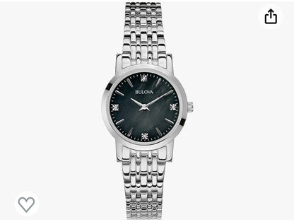 B12) Bulova Ladies' Classic Stainless Steel 2-Hand Quartz Watch, Black Mother-of-Pearl Dial with Diamond Dial Style: 96P148