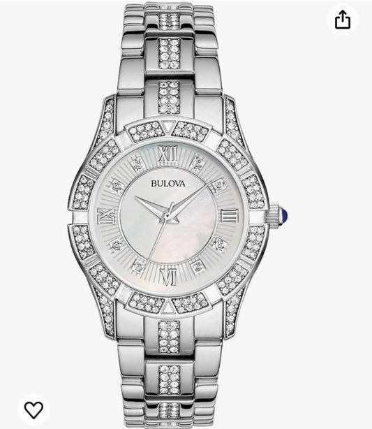 B6) Bulova Crystal Quartz Ladies Watch, Stainless Steel , Silver-Tone (Model: 96L116)