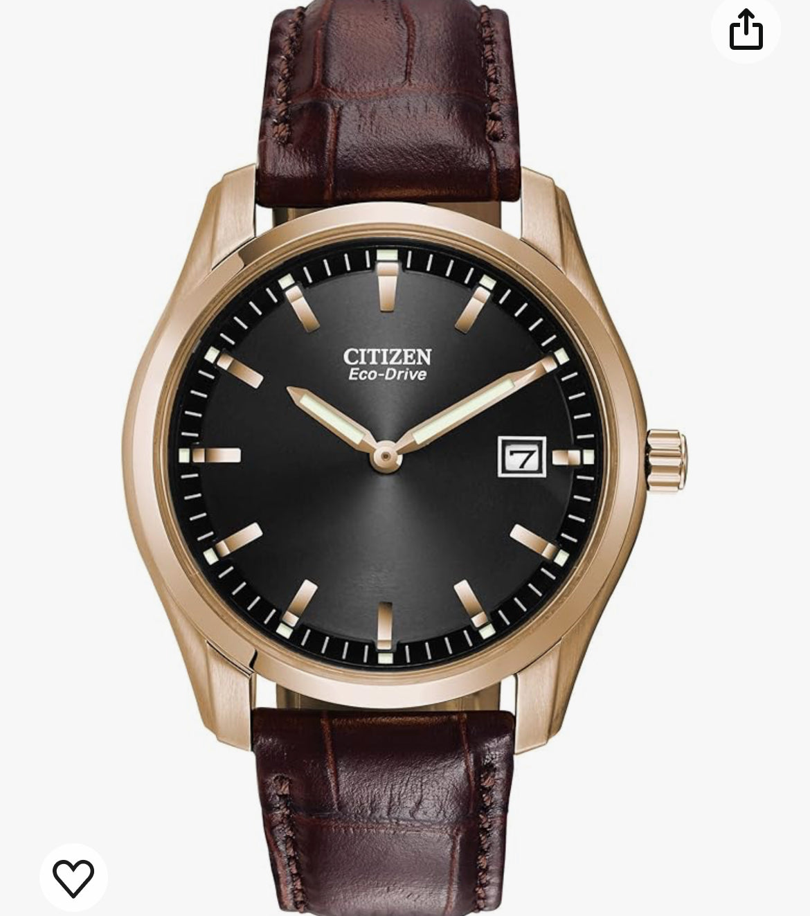 C88) Citizen Men's Classic Eco-Drive Leather Strap Watch, Date, Luminous Hands and Markers, Black Dial, Brown Strap/Rose Gold