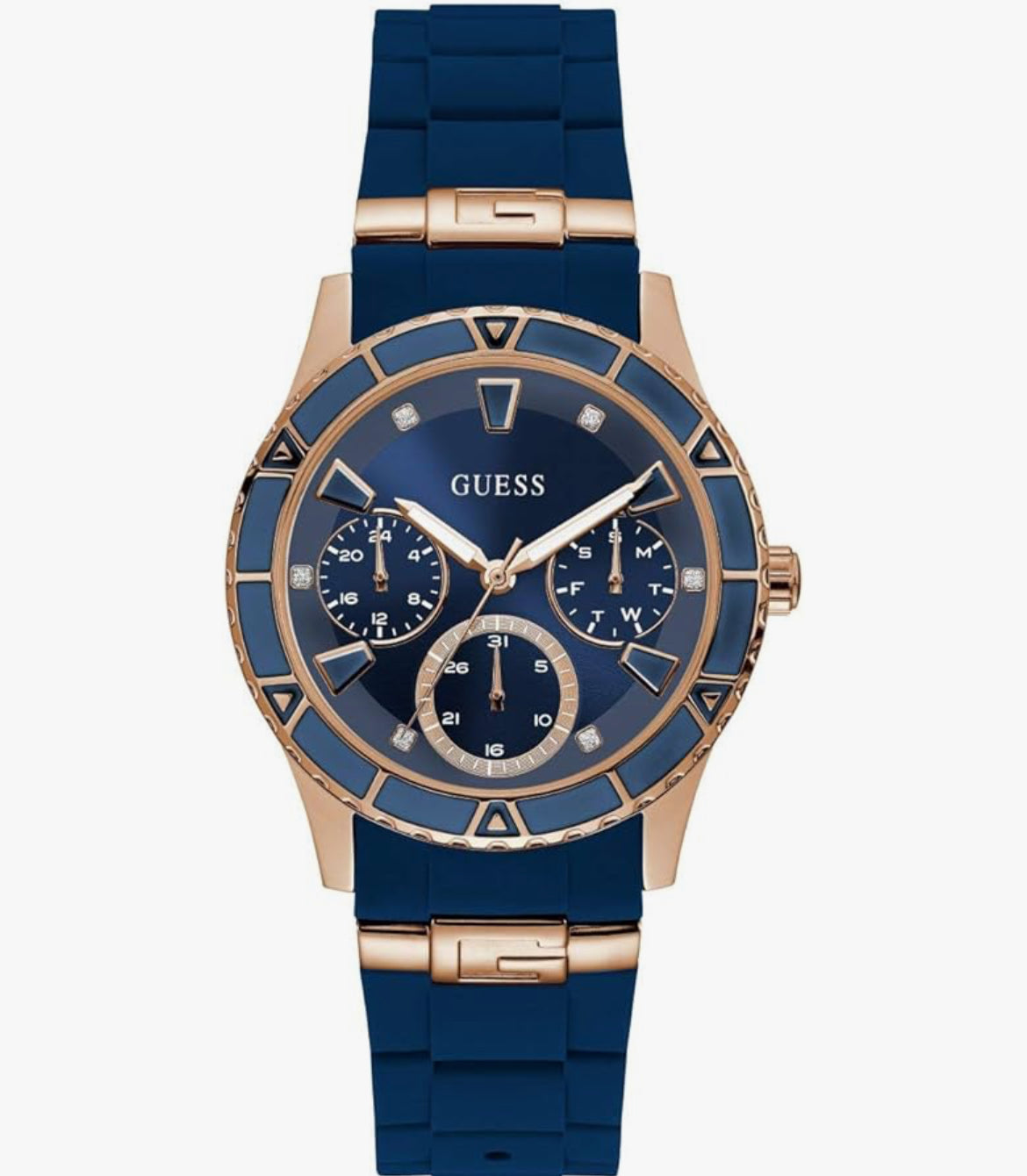 GUESS Gold-Tone + Iconic Blue Stain Resistant Silicone Watch with Day