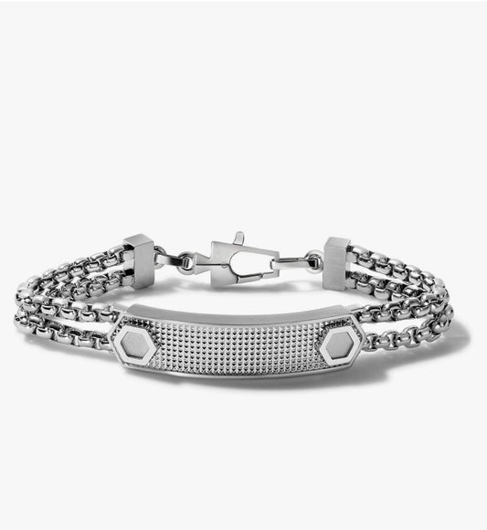 B60) Bulova Men's Precisionist Stainless Steel Double-Chain Link with Knurled Texture ID Plaque Bracelet Medium