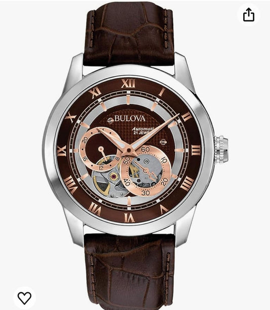 B29) Bulova Men's Classic Sutton 4-Hand Automatic Watch, 24-Hour Sub Dial, Open Aperture, Self-Winding, Exhibition Caseback, Double Curved Mineral Crystal, Luminous Hands, 42mm