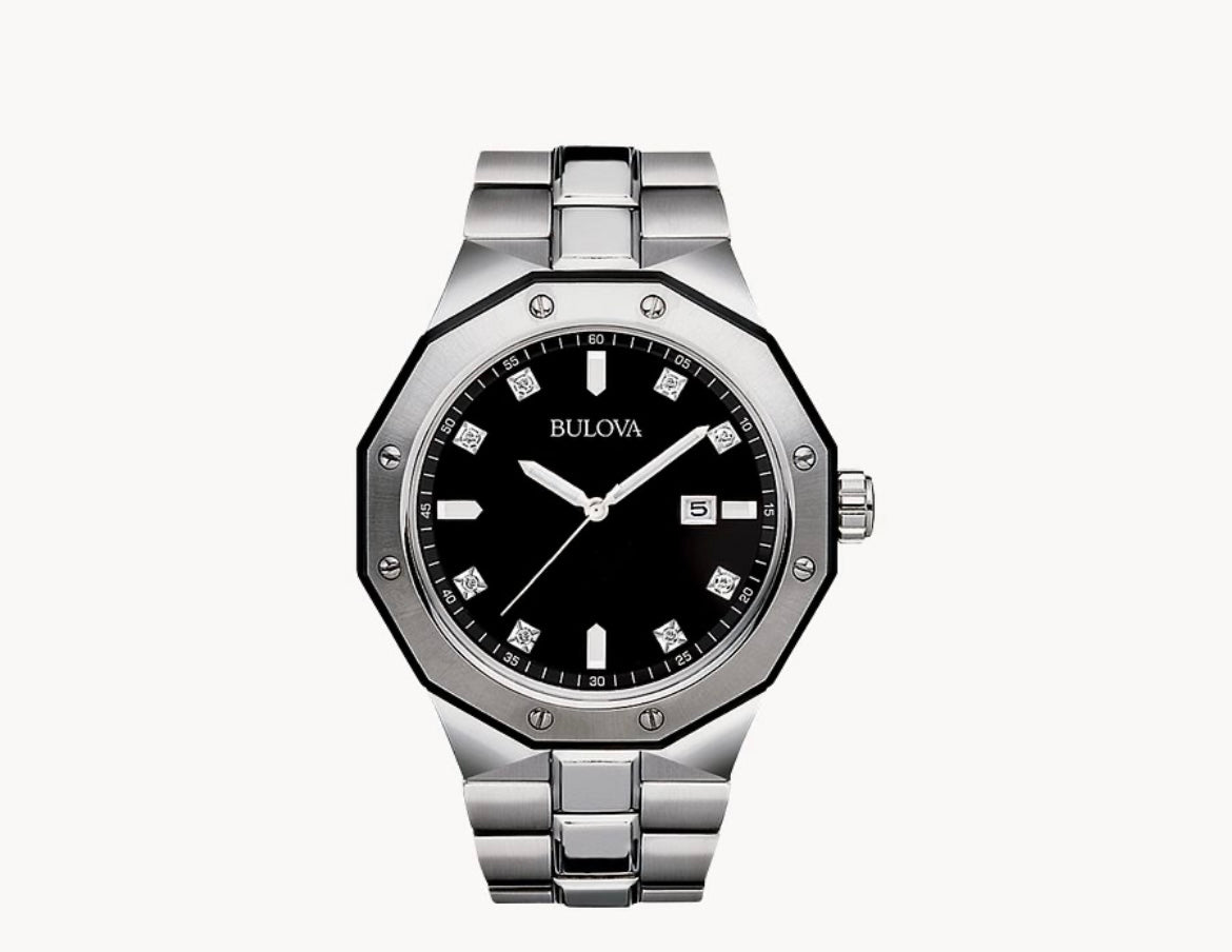 Bulova Men's Classic Stainless Steel 3-Hand Date Quartz Watch with Diamonds and Day Date, 44mm